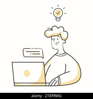 Junger Mann, der am Laptop arbeitet und eine Idee hat Stock Vektor