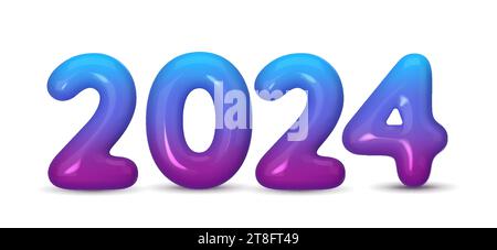 Happy New 2024 Year. Violette Zahl aus Kunststoff in Form von Ballons. Realistisches 3D-Rendering. Vektor Stock Vektor