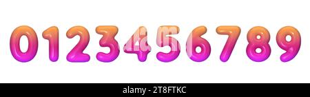 3D-Zahlen aus Kunststoff, Farbverlauf von Orange, Rot und Violett. Sammlung von Hochglanzzahlen von 0 bis 9. Vektor Stock Vektor