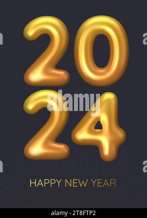 Frohes Neues Jahr 2024. Realistische goldene 3D-Zahlen auf schwarzem Hintergrund. Weihnachtsdekoration. Vektorabbildung Stock Vektor