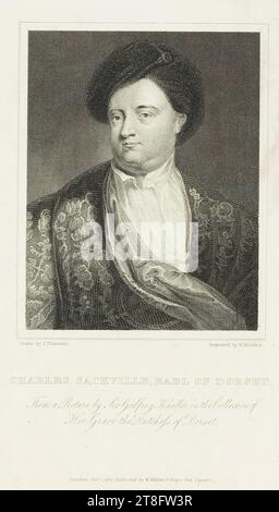 Gezeichnet von J. Thurston. Gravur von R. Rhodes. CHARLES SACKVILLE, EARL OF DORSET. Aus einem Bild von Sir Godfrey Kneller in der Sammlung von, her Grace the Dutchefs of Dorset. London, 1. Jan. 1821: Veröffentlicht von W. Walker, 8 Grays Inn Square Stockfoto