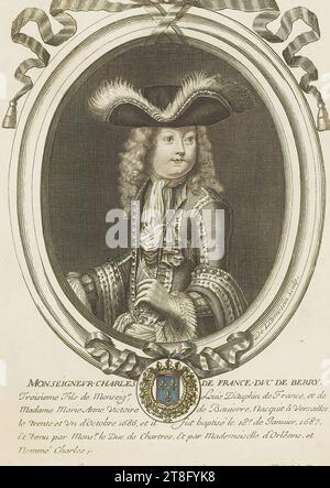 De L'Armessin, Sculp. MONSEIGNEVR CHARLES DE FRANCE, DVC DE BERRY; dritter Sohn von Monseigr, Louis D'Auphin de France, und von Madame Marie Anne Victoire de Bauierre, geboren in Versailles, der einunddreißigste Oktober 1686, und er wurde am 18. Januar 1687 getauft und von dem Herzog von Chartres gehalten, und von Mademoiselle d'Orleans, und, genannt Charles. In Paris, Chez N de LARmessin Rüe St.Jacq, am Pome d'Or,. Mit Priuil du Roy Stockfoto