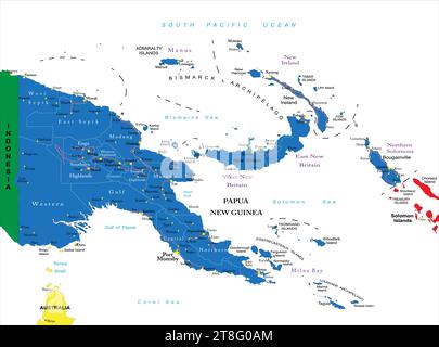 Sehr detaillierte Vektorkarte von Papua-Neuguinea mit Verwaltungsregionen, wichtigen Städten und Straßen. Stock Vektor