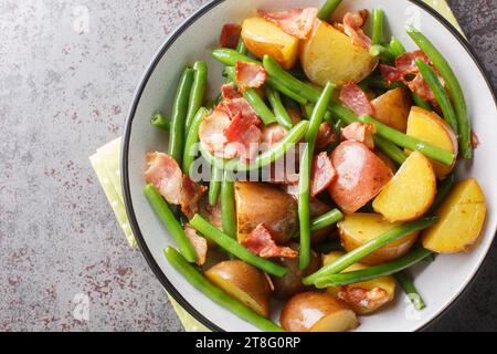 Warmer Kartoffelsalat mit Speck und grünen Bohnen in einer Schüssel auf dem Tisch. Horizontale Draufsicht von oben Stockfoto