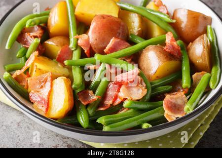 Warmer Kartoffelsalat mit Speck und grünen Bohnen in einer Schüssel auf dem Tisch. Horizontal Stockfoto