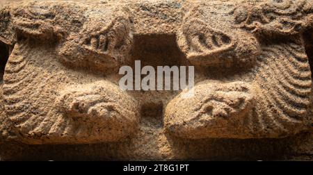 Yaazhi, eine mythologische Kreatur, die im Großen Tempel Thanjavur (auch Thanjai Periya Kovil in tamilischer Sprache genannt) zu sehen ist. Stockfoto