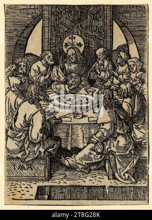 Jacob Cornelisz. Van Oostsanen (1472, 1477 - 1533), Letztes Abendmahl, Blatt der Serie 'die kleine Passion Stomme passye', Druckmedium: 1520 - 1521, Holzschnitt, Bogengröße: 11,4 x 8,2 cm, Monogramm unten links 'I MVX ?; ligated A Stockfoto