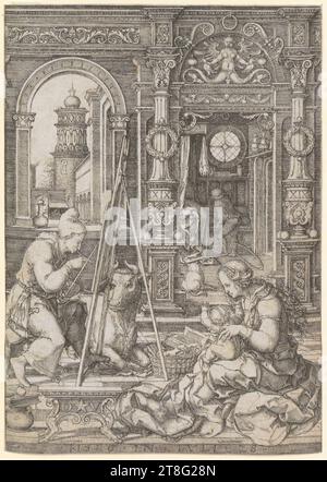 Albrecht Dürer (1471–1528), Apokalypse, Dirk Jacobsz. Vellert (1480, 1485 - 1547), Luke malt die Madonna, Druckdatum: 28.7,1526, Kupferstich, Bogengröße: 17,0 x 12,1 cm, unten links monogrammiert auf Hocker 'DSternV' und datiert unten Mitte '.1526.IN.IULI.28.', auf der alten Montageplatte Händlervermerk 'Au 200 Stockfoto