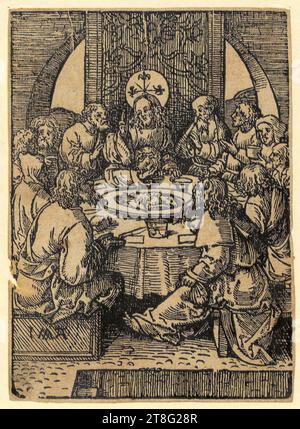 Jacob Cornelisz. Van Oostsanen (1472, 1477 - 1533), Letztes Abendmahl, Blatt der Serie 'die kleine Passion Stomme passye', Druckmedium: 1520 - 1521, Holzschnitt, Bogengröße: 11,2 x 8,1 cm, links unten monogrammiert auf Bank 'I MVX ?; ligated A Stockfoto