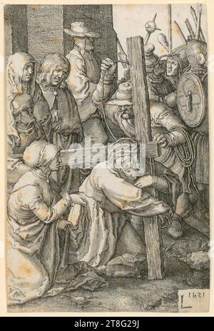 Jan Harmensz. Müller (1571 - 1628)Lucas Hugensz. Van Leyden (1488, 1499 bzw. 1494–1533), Kopie nach der Krönung mit Dornen, Blatt 7 der Serie „die Passion Christi“, Jan Harmensz. Müller (1571–1628), Künstler Lucas Hugensz. Van Leyden (1488, 1499 bzw. 1494–1533), Kopie nach der Krönung mit Dornen, Jan Harmensz. Müller (1571–1628), Künstler Lucas Hugensz. Van Leyden (1488, 1499 oder 1494 - 1533), Nachdruck, Tragen des Kreuzes, Herkunft des Drucks: c. 1615 - 1620, Kupferstich, Bogengröße: 11,4 x 7,5 cm, links unten auf Platte datiert und beschriftet '1521 Stockfoto