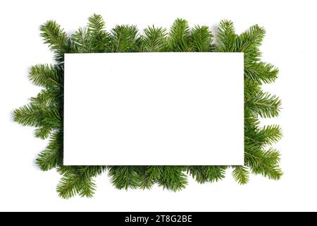 Weihnachten Grenze mit frischen Tannenzweigen auf weißem Hintergrund arrangiert, kopieren Platz für Text Stockfoto