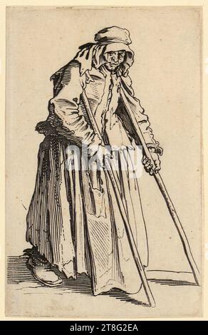 Jacques Callot (1592 - 1635), Künstler, Bettler, Anonym (Datum unbekannt), Künstler:in Jacques Callot (1592 - 1635), Kopie nach Bettler mit Holzbein, Jacques Callot (1592 - 1635), Künstler, Bettlerin mit Krücken, Blatt 16 der Serie 'die Bettler', Herkunft des Druckmediums: 1622, 1623, Ätzen auf vergé-Papier, Blattgröße 14. 0 x 9,0 cm Plattenrand: 13,8 x 8,7 cm, rückseitig nummeriert „20“ in Graphit oben links; über Mitte rot Stockfoto