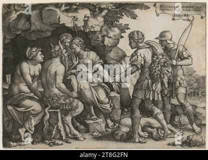 Johann Conrad Klüpfel (1621 erwähnt), Kupferstecher Francesco Villamena (1564 - 1624), Kopie nach blindem Beggar, Blatt 4 der Serie 'Straßenhändler', Georg Pencz (1500 um - 1550), Künstler, Thetis und Chiron, Herkunft des Druckmediums: 1543, Kupferstich, Blattgröße: 13,6 x 18,9 cm, rechts oben beschriftet, datiert und mit Monogramm „ACHILLEM. HVCNC. MA, GISTRO. SVO. CHIROONE, 15 Stockfoto