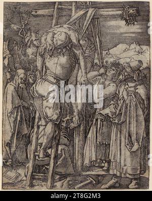 Marcantonio Raimondi (1470, 1482 um - um 1527, 1534), Künstler Albrecht Dürer (1471 - 1528), Nachdruck, Abschrift vom Kreuz, Blatt 27 der Serie „die Passion des Christus“, Druckherkunft: 1510 - 1515, Kupferstich, Blattgröße: 12,6 x 9,9 cm, oben in der Mitte des Tellers mit der Aufschrift „INRI“ und unten rechts kleine Schreibplatte ohne Monogramm Stockfoto