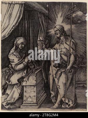 Marcantonio Raimondi (1470, 1482 um - um 1527, 1534), Künstler Albrecht Dürer (1471 - 1528), Kopie danach, Christus erscheint seiner Mutter, Blatt 31 der Serie „die Passion Christi“, Herkunft des Druckmediums: 1510 - 1515, Kupferstich, Blattgröße: 12,4 x 9,7 cm, kleines Textfeld unten links ohne Monogramm Stockfoto