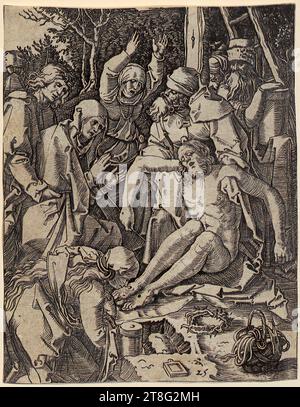 Marcantonio Raimondi (1470, 1482 um - um 1527, 1534), Künstler Albrecht Dürer (1471 - 1528), Kopie danach, Klagejammer Christi, Blatt 28 der Serie 'die Passion Christi', Druckherkunft: 1510 - 1515, Kupferstich, Blattgröße: 12,4 x 9,7 cm, kleine Platte unten in der Mitte nicht monogrammiert und untere Mitte mit der Nummer '25 Stockfoto