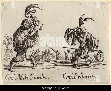 Jacques Callot (1592 - 1635), Balli di Sfessania, Anonym (Datum unbekannt), Künstler:in Jacques Callot (1592 - 1635), Kopie nach Capitano Esgangarato und Capitano Cocodrillo, Jacques Callot (1592 - 1635), Capitamo Mala Gamba und Capitano Bellavita, Blatt-Nr. 15 der Serie „Balli di Sfessania“, Druckmedium: 1621, Ätzen, Bogengröße: 7,5 x 9,8 cm Plattenrand: 7,3 x 9,7 cm, links unten mit der Aufschrift „Cap°“. Mala Gamba“; unten rechts mit der Aufschrift „Cap°. Bellauita Stockfoto