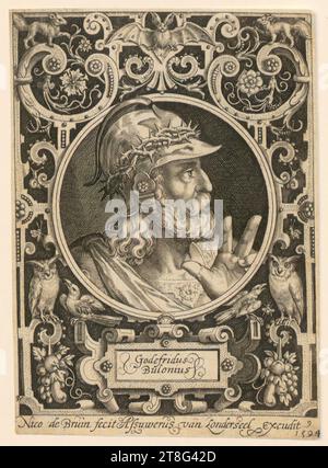Nicolaes de Bruyn (1571 - 1656), Künstler Assuerus Londerseel (1572 - 1633), Herausgeber, Porträt von Godefroy de Bouillon Gottfried von Bouillon, Blatt der Serie 'Portraits of Königs and Heroes', Herkunft des Druckmediums: 1594, Kupferstich, Blattgröße: 12,4 x 8,8 cm, unten in der Mitte auf der Kartusche „Godefridus, Bulonius“ beschriftet; unten in der Mitte von links nach rechts u signiert Stockfoto