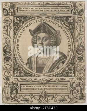 Martin Schongauer (1450 um - 1491), Künstler, St. Jakob der Jüngere, Blatt 12 der Serie „zwölf Apostel“, Wolf Hammer (1486 - 1500 erwähnt um), Künstler Martin Schongauer (1450 um - 1491), Kopie nach St. Jakob dem Jüngeren, Blatt 12 der Serie „die Apostel“, Johann Israel de Bry (1565 - 1609)Sebastiano del Piombo (1485 - 1547), nachher, Porträt von Christoph Kolumbus, Herkunft des Druckträgers: 1576 - 1623, Kupferstich, Blattgröße: 15. 5 x 12,9 cm, oben in der Mitte mit der Aufschrift „QVI RATE VELIVOLA OCCIDVOS PENETRAVIT AD IDOS“ Stockfoto