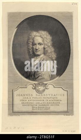 Jacobus Houbraken (1698 - 1780), Künstler Jan Wandelaar (1690 - 1759), danach, Porträt von Jean Barbeyrac Barbeijracius, Druckherkunft: 1717 - 1744, Kupferstich, Blattgröße: Ca. 34,0 x 20,0 cm (unregelmäßig zugeschnitten) Plattenmarke: 27,3 x 17,6 cm, in der Mitte unten auf der Kartusche „JOANNES BARBEYRACIUS, J.U.D. & PUBLICI PRIVATIQUE ...“ Natus Stockfoto