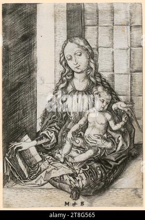 Martin Schongauer (1450 um - 1491), Künstler, Madonna mit dem Papagei, Herkunft des Drucks: 1470 - 1473, Kupferstich, Bogengröße: 15,6 x 10,8 cm, unten Mitte monogrammiert 'M + S Stockfoto