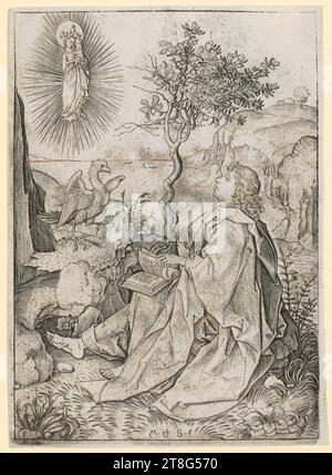 Martin Schongauer (1450 um - 1491), Künstler, St. John auf Patmos, Druckmedium: 1469 - 1474, Kupferstich, Bogengröße: 16,5 x 12,0 cm, unten Mitte Monogramm 'M + S Stockfoto