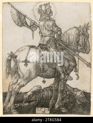 Albrecht Dürer (1471 - 1528), Künstler, Sankt Sebastian auf einem Baum, Albrecht Dürer (1471 - 1528), Künstler, Sankt Georg zu Pferd, Druckmedium: 1508, Kupferstich, Bogengröße: 10,7 x 8,4 cm, datiert und monogrammiert '1508, AD' korrigiert von '1505 Stockfoto