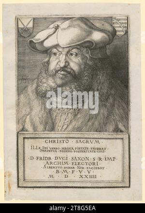 Anonym (Datum unbekannt), Kupferstecher Albrecht Dürer (1471 - 1528), Kopie nach Löwenwappen mit Hahn, Albrecht Dürer (1471 - 1528), Künstler, Porträt Friedrichs des Weisen, Kurfürst von Sachsen, Herkunft des Drucks: 1524, Kupferstich, Bogengröße: 22,0 x 15,4 cm, Mitte links mit Monogramm „AD“ und unter Bildfeld von links nach rechts mit Inschrift und Datum „.CHR“ Stockfoto