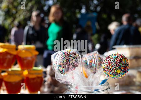 Schokoladenlutscher auf einem Stock, der auf einem Herbstmarkt freigelegt wird Stockfoto