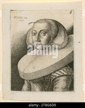 Wenzel Hollar (1607 - 1677), halblanges Porträt einer Frau mit breiter Rüsche und Haarnadel, Dreiviertelansicht nach links, Blatt 6 der Serie Reisebüchlein, Druckherkunft: 1636, Ätzung, Bogengröße: 8,0 x 6,6 cm, links oben signiert und datiert " W. Hollar inu:, 1636" und rechts oben nummeriert "6 Stockfoto