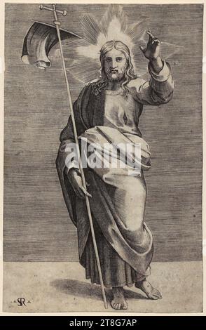 Marco Dente (1486, 1500 - 1527), Künstler Raphael (1483 - 1520), nach Jesus Christus, Blatt 1 der Serie „Christus und die zwölf Apostel“, Herkunft des Druckmediums: Ca. 1516, Kupferstich, Bogengröße: 21,5 x 13,8 cm, links unten monogrammiert „SR“ Stockfoto