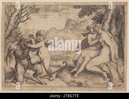 Agostino Carracci (1557 - 1602), Künstler, Omnia vincit Amor, Druckmedium Schöpfung: 1599, Kupferstich, dupliziert, Bogengröße: 13,6 x 19,2 cm, oben in Wolke beschriftet 'omnia vincit Amor', datiert und signiert unten rechts '1599 A.C. IN Stockfoto