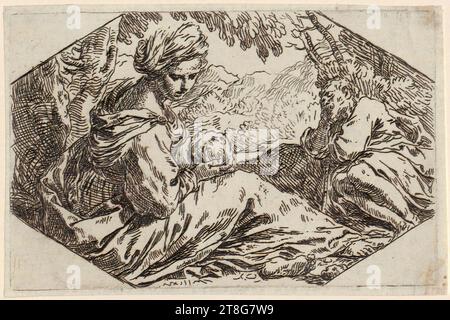 Simone Cantarini (1612 - 1648), Rest on the Flight to Egypt, Druckmedium: 1630 - 1648, Ätzung, Bogengröße: 8,5 x 13,1 cm, rückseitig unten in der Mitte schwarz Stockfoto