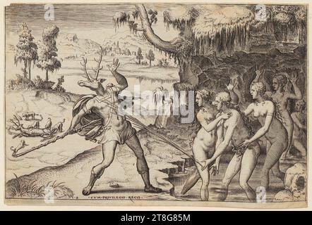 Etienne Delaune (1518, 1519 um - 1583), danach verwandelt Diana den Jäger Actaeon in einen Hirsch, als Strafe für das Baden, Herkunft des Druckmediums: 1533 - 1583 ?, Kupferstich, Bogengröße: 11,8 x 17,6 cm (getrimmt innerhalb der Plattenmarkierung)“ Feld 3 mit Monogramm und der Aufschrift „S, CVM PRIVILEGIO REGIS“ unten links auf einer Zeile Stockfoto