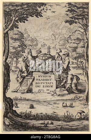 Jacques Callot (1592 - 1635)Israël Henriet (1590 - 1661), Herausgeber, Crossing the Rote Meer, Jacques Callot (1592 - 1635), Künstler, Frontstück zu Sacra Cosmologia, Herkunft des Druckmediums: Ca. 1630, Ätzen, dupliziert, Bogengröße: 14. 0 x 9,4 cm, in der Bildmitte auf dem Bedienfeld „MVNDVM, TRADIDIT, DISPVTATI:, ONI EORVM, ECCL. III.'; links d, rückwärts unten rechts rot Stockfoto