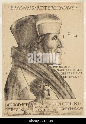 Hieronymus Hopfer (1500 v. - 1563)Quentin Massys (der ältere) (1465 v. - 1530), nach David Funck (1642 v. - vor 1709), Herausgeber, Porträt von Erasmus von Rotterdam, Druckmedium: c. 1528 - 1563, Eisenätzung, Bogengröße: 22. 3 x 16,1 cm, oben in der Mitte mit der Aufschrift „ERASMVS ROTERODAMVS“; oben rechts mit Monogramm „IH“ zwischen hopferdolch, unten links Funck Nr. "70 Stockfoto