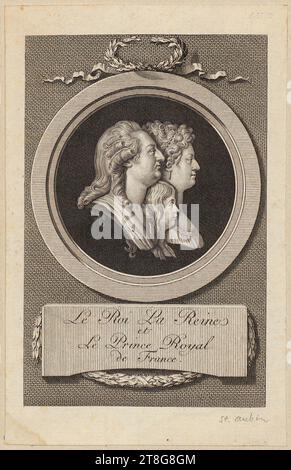 Augustin de Saint-Aubin (1736 - 1807)PIAT Joseph Sauvage (1744 - 1818), danach, Gruppenporträt von Ludwig XVI, Marie Antoinette und Ludwig XVII, Druckherkunft: 1789 - 1792 ?, Radierung und Kupferstich, Blattgröße: 16,9 x 10,9 cm, Inschrift unter Medaillon auf Teller „Le ROI La reine, et, Le Prince Royal de France“ Stockfoto