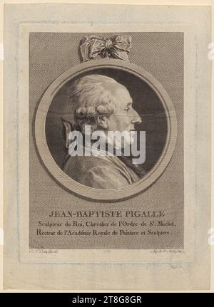 Augustin de Saint-Aubin (1736 - 1807)Charles-Nicolas Cochin (der Jüngere) (1715 - 1790), Porträt Jean-Baptiste Pigalle, Blatt 25 für die Sammlung de Cochin, Herkunft des Druckmediums: 1782, Ätzung und Gravur, Bogengröße: 23. 4 x 16,8 cm Plattenrand: 19,5 x 14,3 cm, unten in der Mitte mit der Aufschrift 'JEAN-BAPTISTE PIGALLE, Sculpteur de ROI, Chevalier de l'Ordre de St. Michel Stockfoto