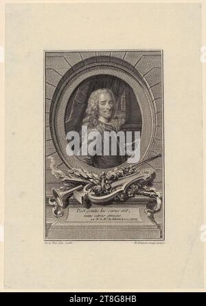 Etienne Ficquet (1719 - 1794)Maurice Quentin de Latour (1704 - 1788), nachher, Porträt der Francois Marie Arouet de Voltaire, Herkunft des Druckmediums: 1762, Ätzung und Kupferstich, Bogengröße: 17. 1 x 11,9 cm, unten beschriftet auf Basis 'Post Genitis hic carus erit, nunc carus amicis., par M.e la M.se du, Verso unten links Händlernotiz in Graphit '23460, DR Stockfoto