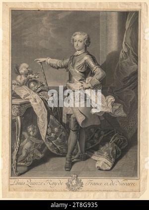 Nicolas de Larmessin III. (1684–1755), Künstler Jean-Baptiste Van Loo (1684–1745), Nachher, Porträt von Ludwig XV., König von Frankreich und Navarra, Druckmedium Schöpfung: 1727, Kupferstich und Kupferstich, doppelt vervielfältigt, Trägergröße: 52. 5 x 38,7 cm (untere rechte Ecke beschädigt) Blattgröße: 49,3 x 35,1 cm, unten links mit der Aufschrift „Vanlo pinxit“; unten rechts signiert „N de Larmessin Sculspit“; unten in der Mitte Stockfoto