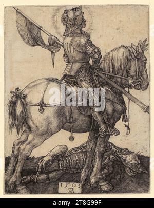 Albrecht Dürer (1471 - 1528), Künstler, St. Georg zu Pferd, Druckmedium: 1505, Kupferstich, Bogengröße: 10,7 x 8,3 cm, datiert und monogrammiert '1503, AD' unten in der Mitte Stockfoto