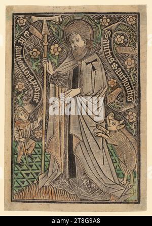 Albrecht Dürer (1471 - 1528), Künstler, Nemesis, Anonym (Datierung unbekannt), Kupferstecher Albrecht Dürer (1471 - 1528), Kopie nach Nemesis, Albrecht Dürer (1471 - 1528), Kopie nach Peter Overadt (1606, 1614 erwähnt), Kupferstecher, Herausgeber, Nemesis, Meister mit dem Kölner Wappen (1450, 1459 erwähnt), Künstler, Heiliger Antonius, Herkunft des Druckmediums: c. 1470, Metallstich und Schussstich (Markenzeichen), farbig, Bogengröße: 19,6 x 13,6 cm Stockfoto