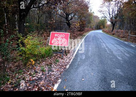 Straße vor dem Schild geschlossen in West Blean und thornden Wäldern, kent, großbritannien Stockfoto