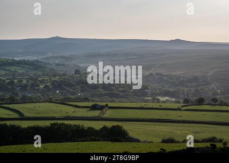 Das Morgenlicht scheint auf dem Ackerland und den Wäldern der Täler Lydford und North Brentor unter den Hügeln und Toren von Dartmoor in West Devon. Stockfoto