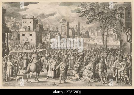 Nicolaes de Bruyn (1571–1656), Hinrichtung Lucas Hugensz. Van Leyden (1488, 1499 oder 1494 - 1533), nach Frederik de Wit (1648, 1680 erwähnt), Herausgeber, Ecce Homo, Herkunft des Druckmediums: 1604, Kupferstich, Bogengröße: 46,8 x 71,5 cm (mit eingestelltem Rand)' Feld 3 datiert '1604' auf der rechten Gebäudewand; unten links 'S. Mat. Kappe 27'; unten mit Stockfoto