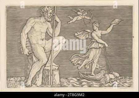 Marco Dente (1486, 1500 - 1527), Künstler Antonio Salamanca (1500 um - 1562), Herausgeber, Galatea flieht aus Polyphem, Blatt 5 der Serie 'Antike Basreliefs', Herkunft des Druckmediums: 1510 - 1527, Kupferstich auf vergé-Papier, Bogengröße: 12,2 x 18,7 cm Plattenrand: 11,1 x 17,4 cm, unten links mit „Ant. sal. Exz Stockfoto