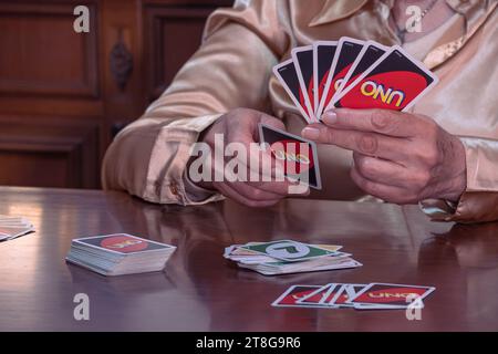 Die Hände einer Frau, die zu Hause Karten spielt. SMCV, Italien, 18. November 2023 Stockfoto