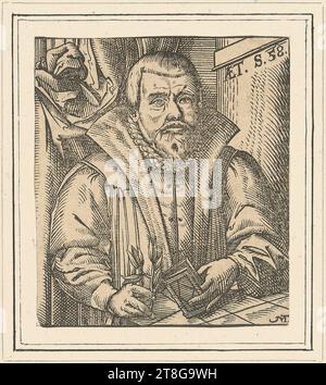 Johann Conrad Klüpfel (1621 erwähnt), Kupferstecher Francesco Villamena (1564 - 1624), Kopie nach Blinder Bettler, Blatt 4 der Reihe 'Strassenhändler', Moses Thym (1613, 1617 erwähnt), Künstler, Porträt von Sebastian Artomedes, Herkunft des Druckmediums: 1602 - 1614, Holzschnitt auf vergé-Papier, Blattgröße: 9,1 x 8,0 cm, oben rechts mit der Aufschrift „ÆT. S. 58." Und Monogramm unten rechts 'MT. Ligaturiert Stockfoto