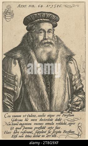 Anonym (Datierung unbekannt), Kupferstecher Hendrick Goltzius (1558 - 1617), Kopie danach, Porträt von Pieter van Foreest Petrus Forestus, Herkunft des Druckmediums: 1600 - 1650 erste Vorläufe, Gravur auf Papier vergé, Bogengröße: 12,6 x 7,8 cm (unten geschnitten)“ in der Mitte oben „ÆTAT. SVÆ. 64. A° 1586."; monogrammiert 'HG' in der Mitte rechts ligaturiert; unten in Stockfoto