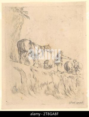 Stefano della Bella (1610 - 1664), Künstler Israël Henriet (1590 - 1661), Verleger, Bauernfrau auf einem Lasttier, Bauern und zwei Reiter, die einen Fluss überqueren, Stefano della Bella (1610 - 1664), Künstler Israël Henriet (1590 - 1661), Verleger, Bauernfrau auf einem Lasttier, Bauern und zwei Reiter, die einen Fluss überqueren, Stefano della Bella (1610–1664), Künstler Israël Henriet (1590–1661), Verleger, Soldat, der ein Pferd führt, Frau mit Pferd und Reiter auf einem Bergweg, Herkunft des Druckträgers: 1643–1648, Ätzung auf Papier vergé Stockfoto